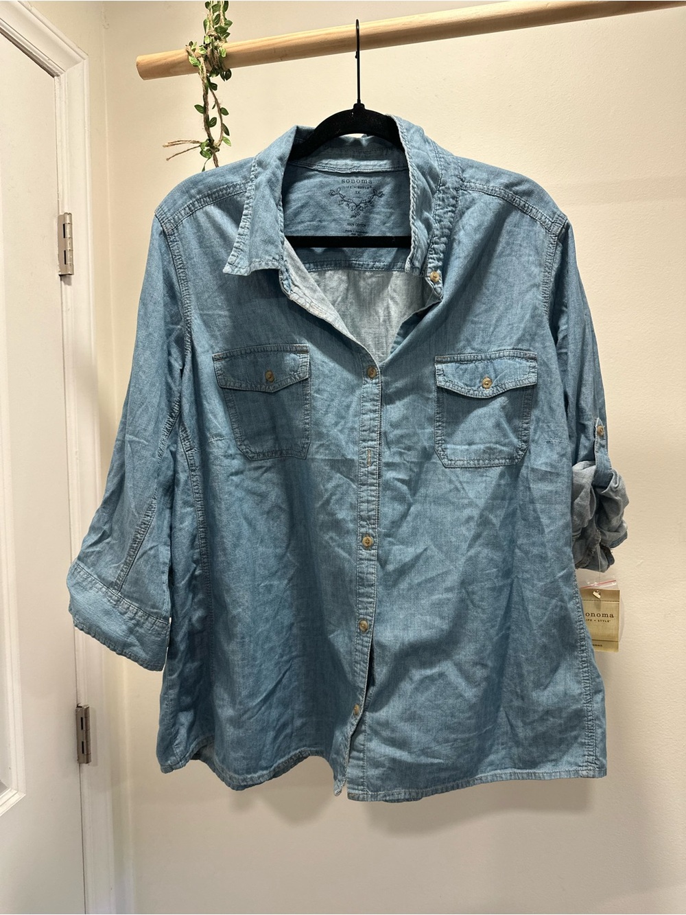 Women’s 3X Plus | Sonoma Life + Style Blue Chambray Cotton Button-Down Pockets